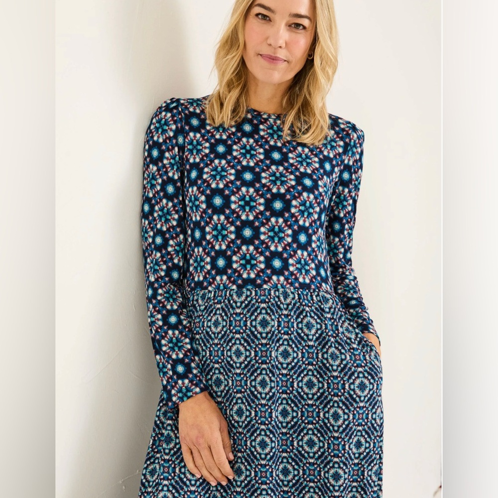 FATFACE Dress Fia Blue Jersey Midi Comfort Casual Stretch School LS 2